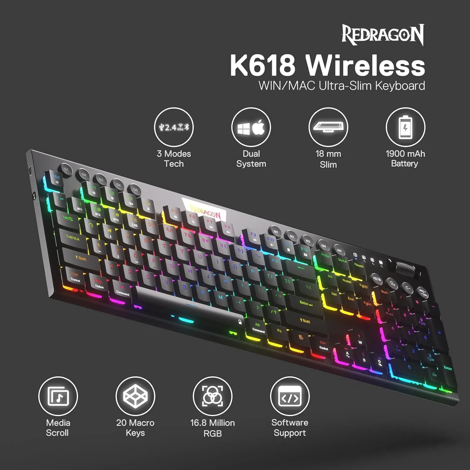 Redragon K618 PRO 3-Mode Wireless RGB Mechanical Keyboard, BT/2.4Ghz/Wired Low Profile Win/Mac Gaming Keyboard w/Ultra-Thin Design, Dedicated Media Control & Tactile Blue Switch
