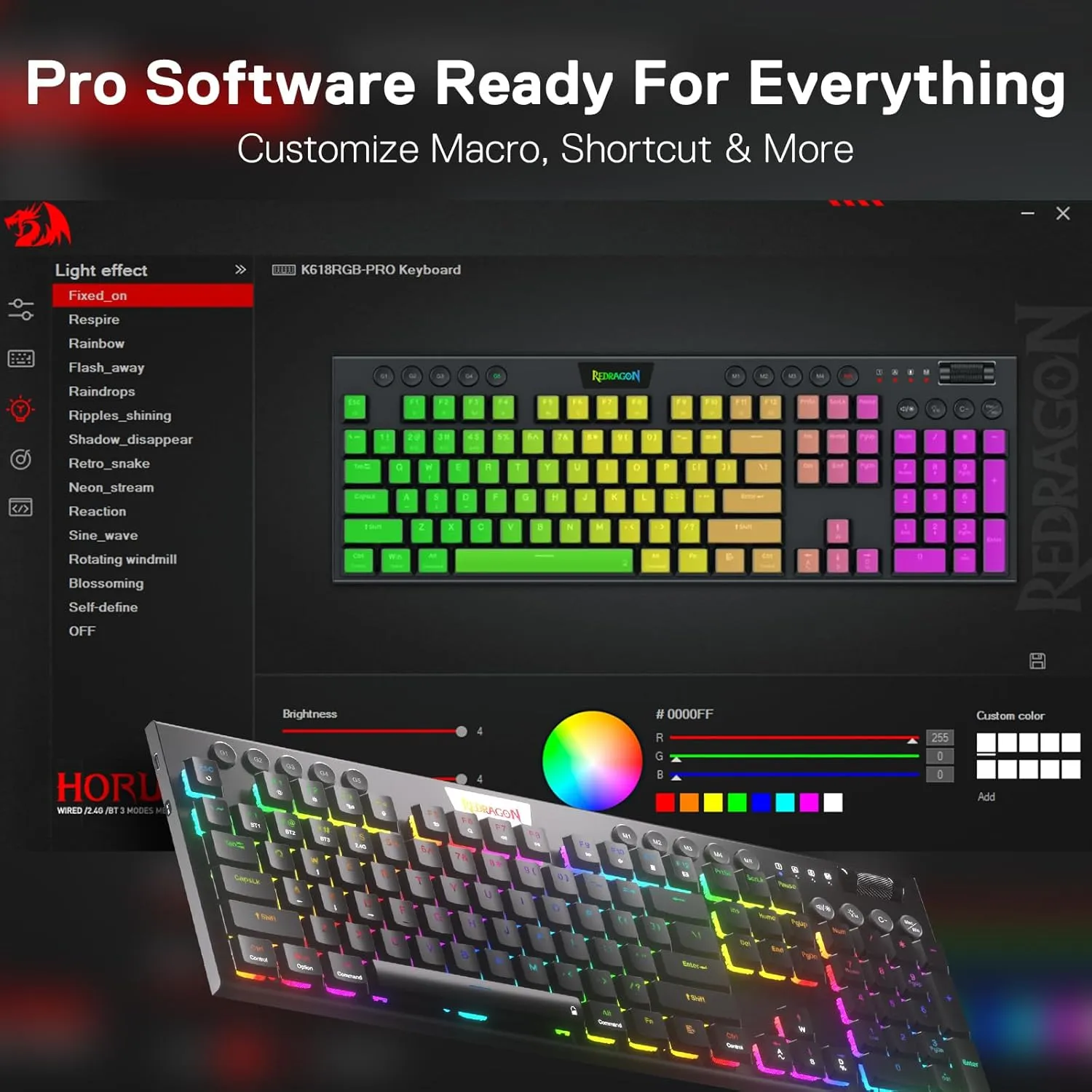 Redragon K618 PRO 3-Mode Wireless RGB Mechanical Keyboard, BT/2.4Ghz/Wired Low Profile Win/Mac Gaming Keyboard w/Ultra-Thin Design, Dedicated Media Control & Tactile Blue Switch