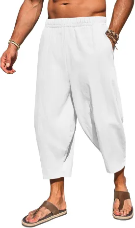 Runcati Mens Cotton Harem Capri Pants Yoga Beach Baggy 3/4 Shorts Pants Casual Elastic Waist Hippie Boho Pants