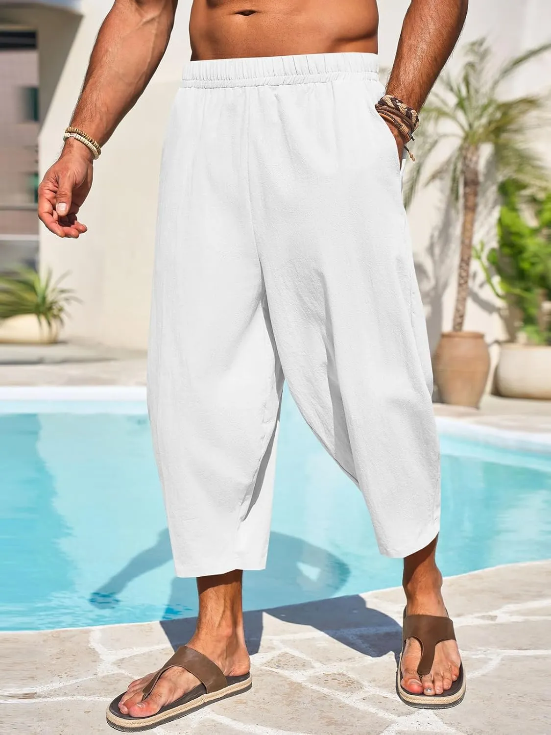 Runcati Mens Cotton Harem Capri Pants Yoga Beach Baggy 3/4 Shorts Pants Casual Elastic Waist Hippie Boho Pants