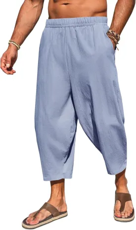 Runcati Mens Cotton Harem Capri Pants Yoga Beach Baggy 3/4 Shorts Pants Casual Elastic Waist Hippie Boho Pants