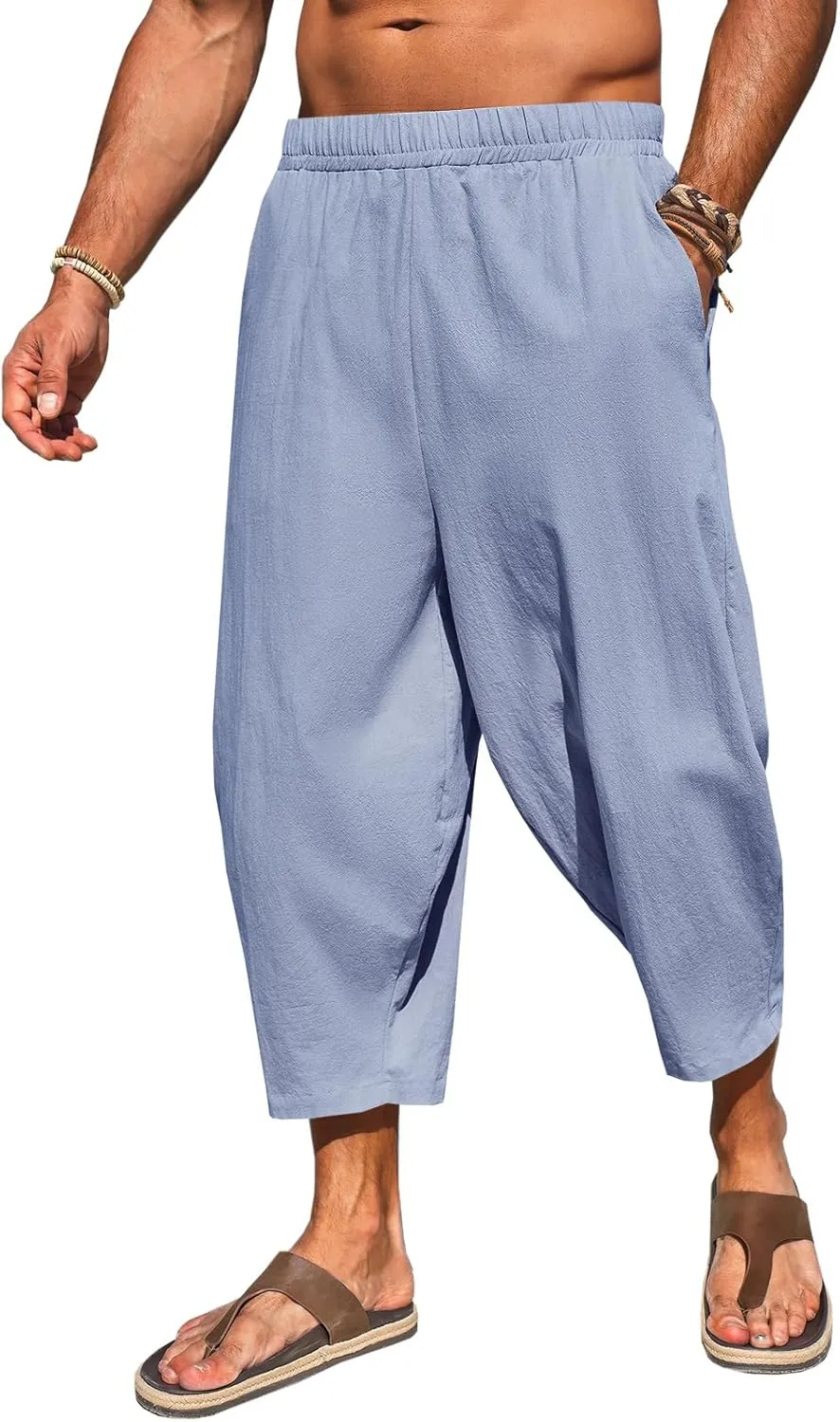 Runcati Mens Cotton Harem Capri Pants Yoga Beach Baggy 3/4 Shorts Pants Casual Elastic Waist Hippie Boho Pants