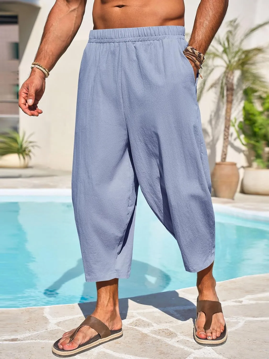 Runcati Mens Cotton Harem Capri Pants Yoga Beach Baggy 3/4 Shorts Pants Casual Elastic Waist Hippie Boho Pants