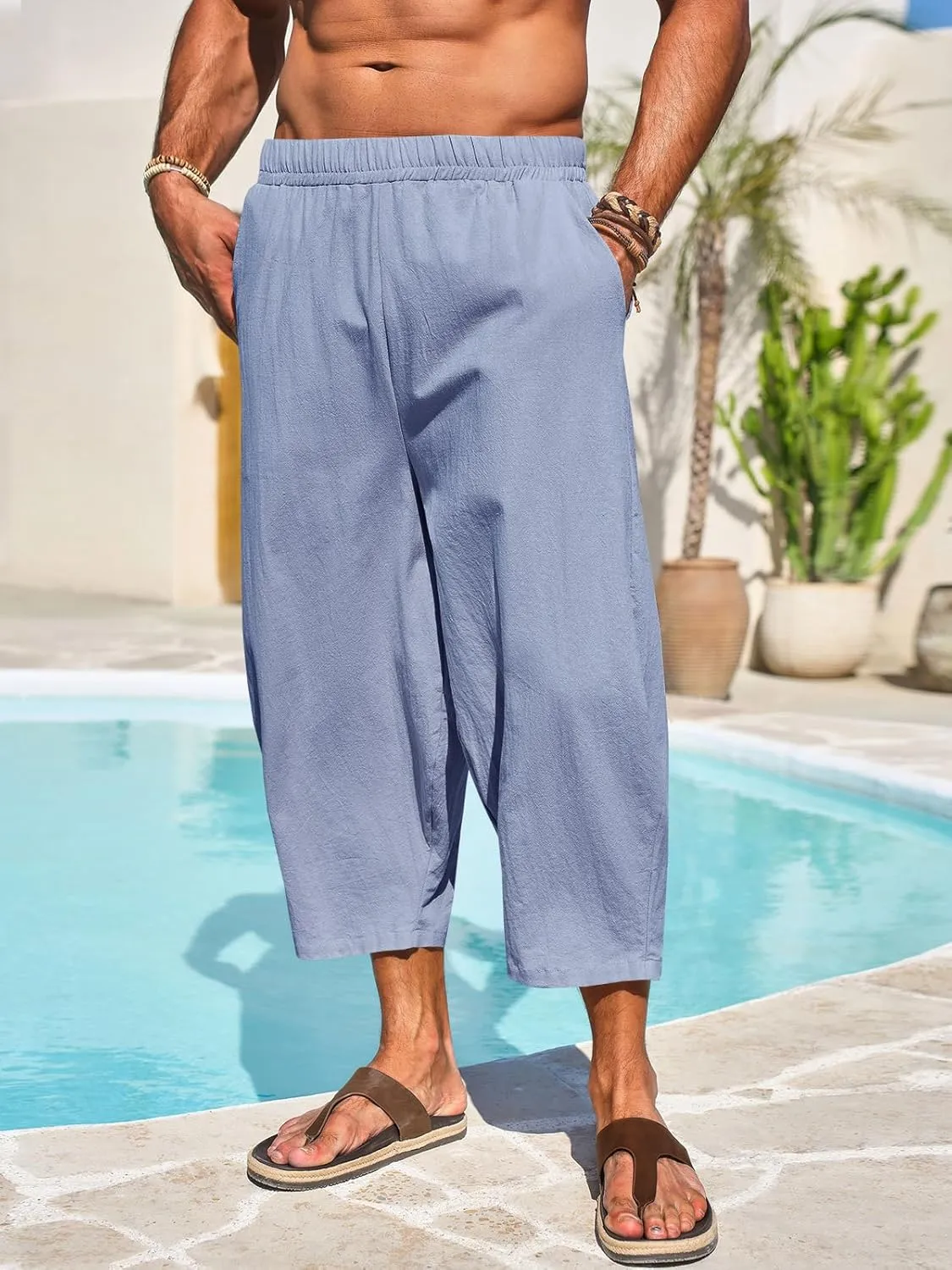 Runcati Mens Cotton Harem Capri Pants Yoga Beach Baggy 3/4 Shorts Pants Casual Elastic Waist Hippie Boho Pants