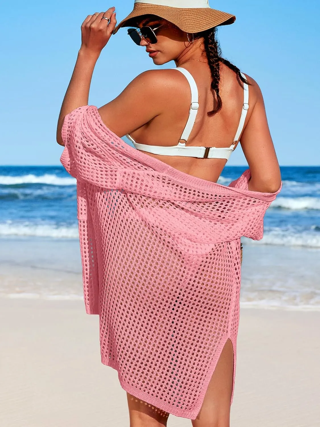 SOCIALA Swimsuit Cover up Women Button down Crochet Beach Dress Side Split Swim Bathing Suit Coverups Pocket Swimwear