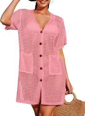 SOCIALA Swimsuit Cover up Women Button down Crochet Beach Dress Side Split Swim Bathing Suit Coverups Pocket Swimwear