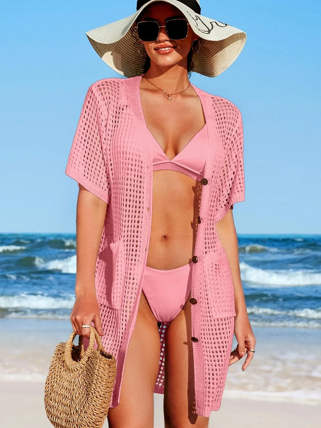 SOCIALA Swimsuit Cover up Women Button down Crochet Beach Dress Side Split Swim Bathing Suit Coverups Pocket Swimwear
