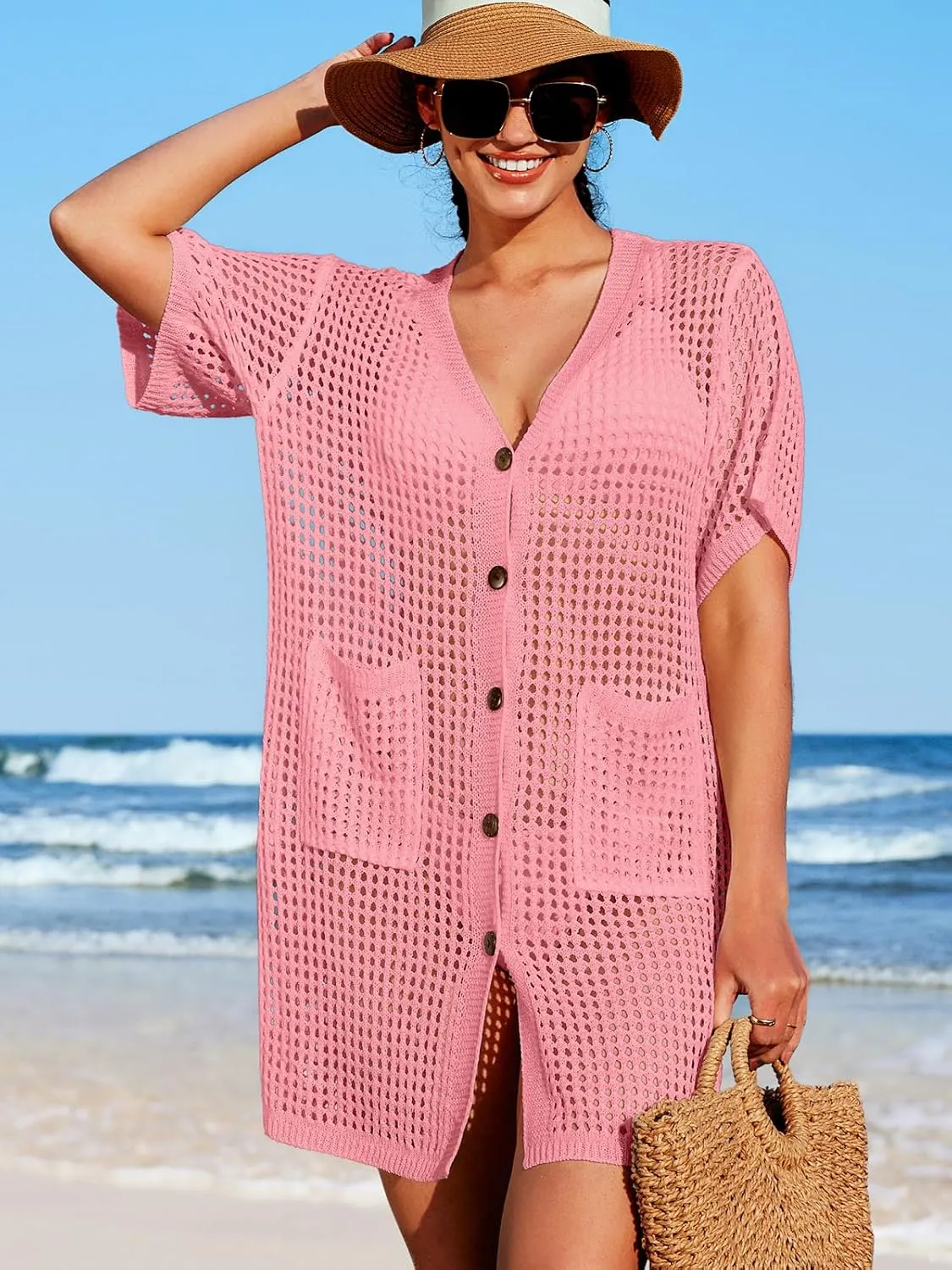 SOCIALA Swimsuit Cover up Women Button down Crochet Beach Dress Side Split Swim Bathing Suit Coverups Pocket Swimwear