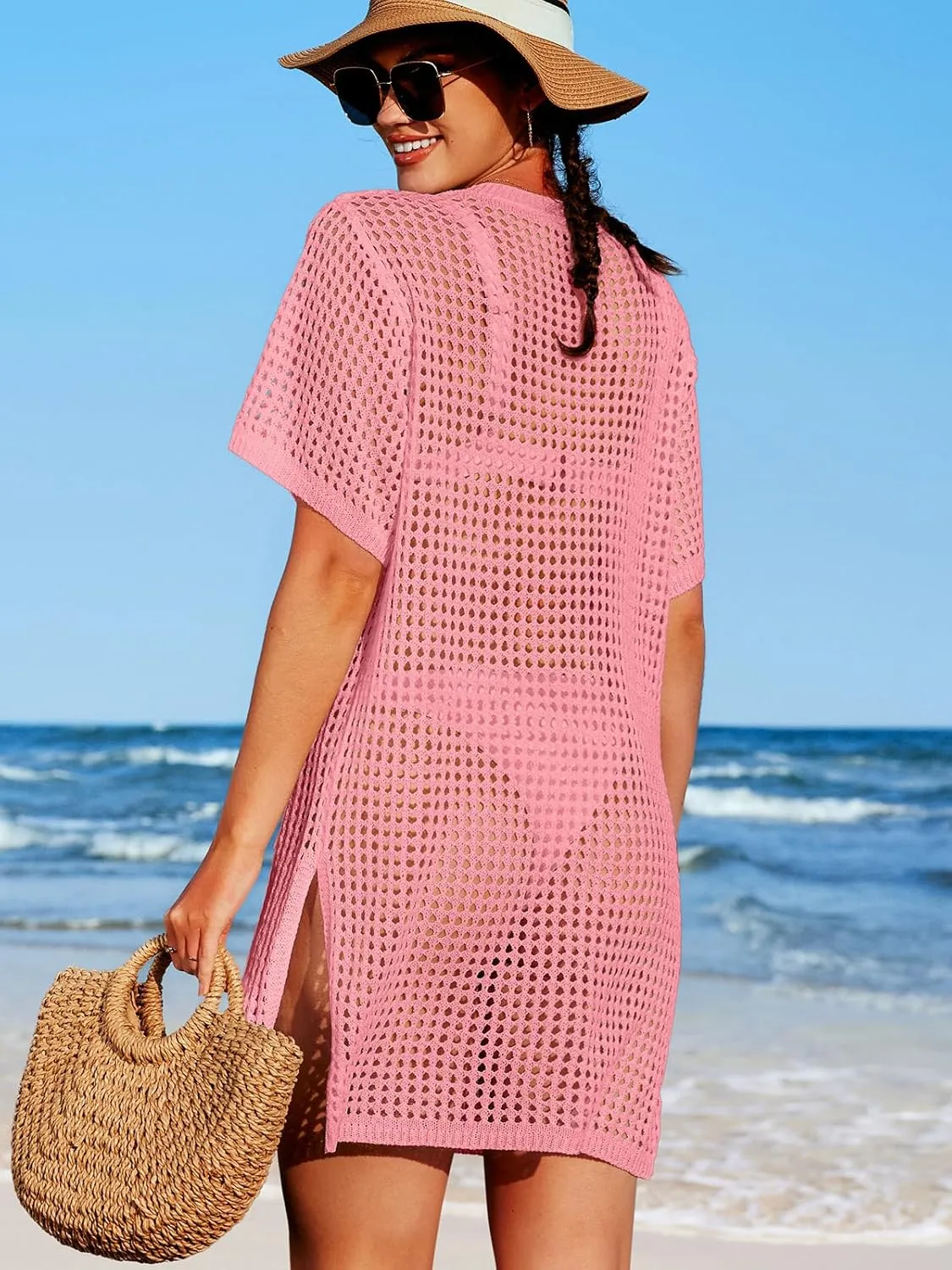 SOCIALA Swimsuit Cover up Women Button down Crochet Beach Dress Side Split Swim Bathing Suit Coverups Pocket Swimwear