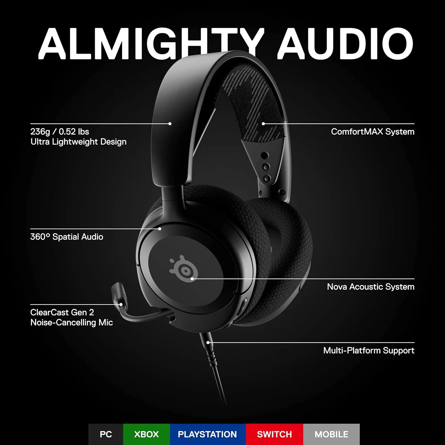 SteelSeries Arctis Nova 1 Multi-System Gaming Headset  Hi-Fi Drivers  360 Spatial Audio  Comfort Design  Durable  Ultra Lightweight  Noise-Cancelling Mic  PC, PS5/PS4, Switch, Xbox - Black