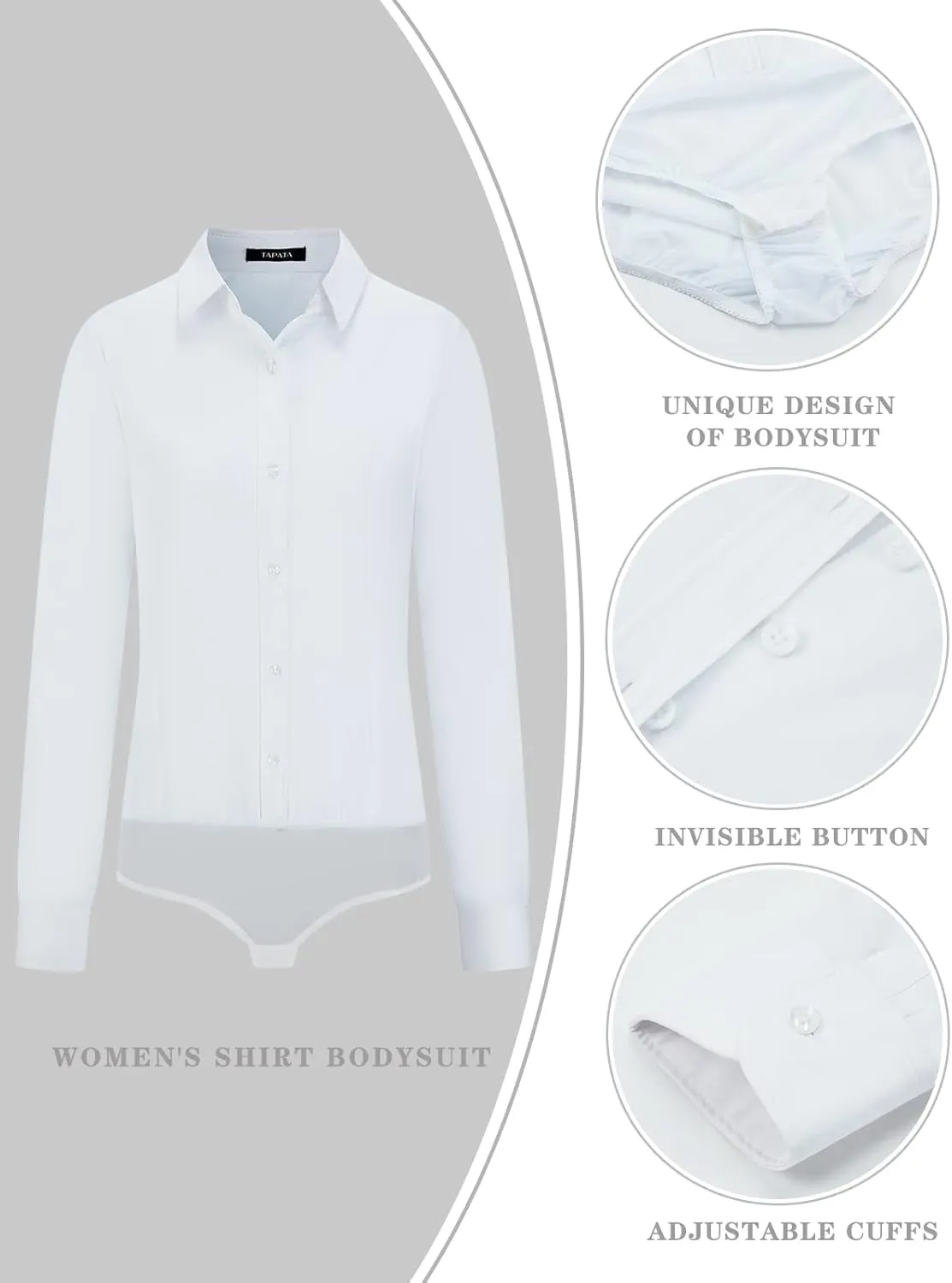 Tapata Womens Bodysuit Blouse Button Down One-Piece Long Sleeve Solid Office Work Shirt Casual Tops