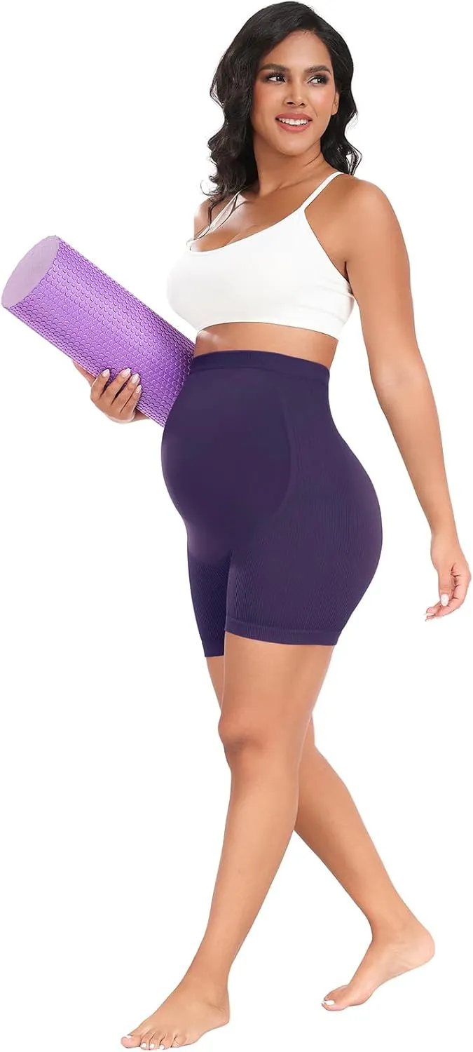 URUWASHI Ribbed Maternity Shorts Over The Belly Seamless 5" Pregnancy Workout Athletic Biker Shorts for Women
