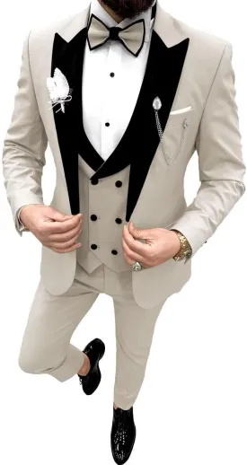 Wangyue Mens Tuxedo Suit Set 3 Piece Wedding Tuxedos for Men Slim Fit Prom Suits Double Breasted Groom Tux with Bow Tie