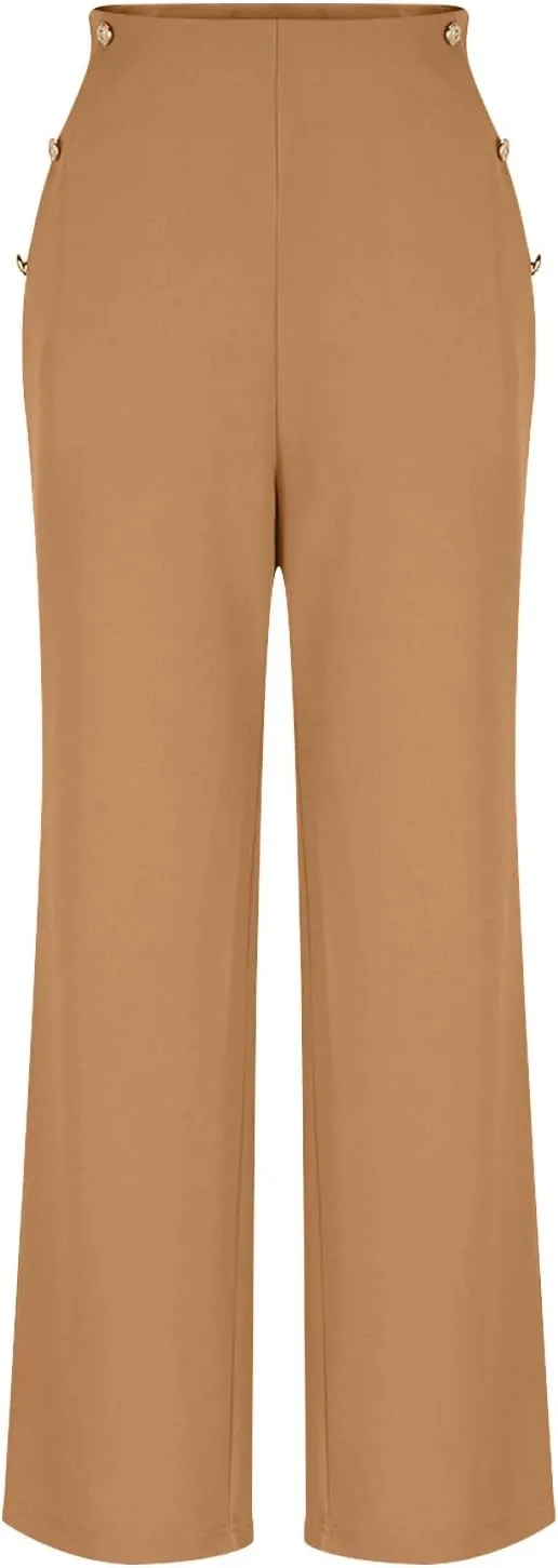 Women Tummy Control Button Pant High Waisted Wide Leg Pants Stretch Work Office Business Casual Trousers Pockets