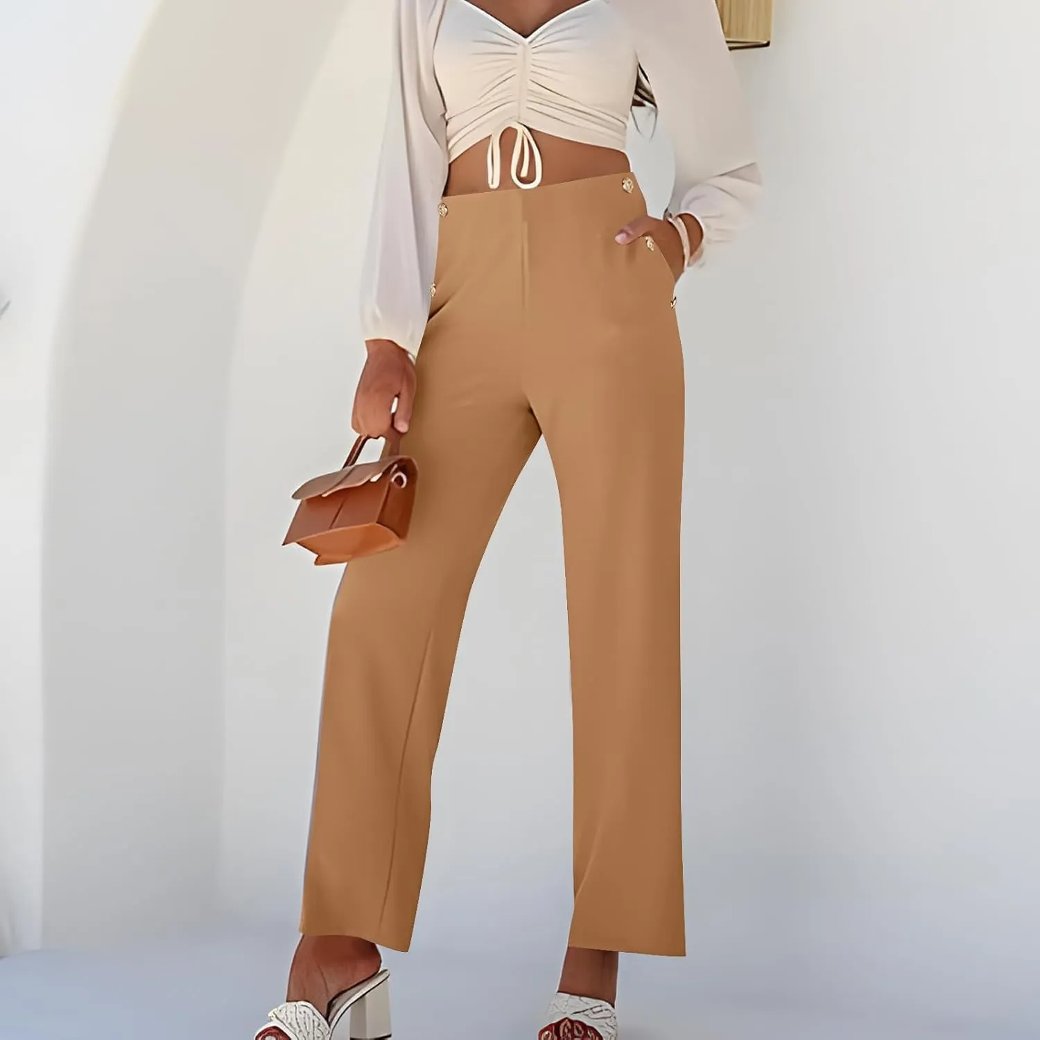Women Tummy Control Button Pant High Waisted Wide Leg Pants Stretch Work Office Business Casual Trousers Pockets