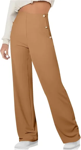 Women Tummy Control Button Pant High Waisted Wide Leg Pants Stretch Work Office Business Casual Trousers Pockets