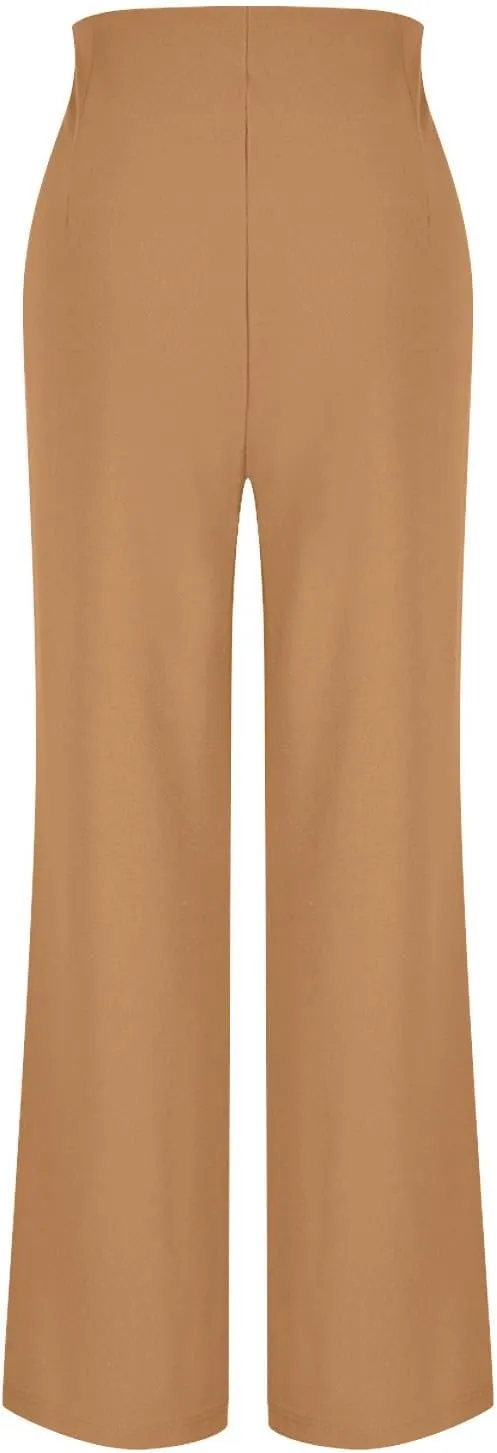 Women Tummy Control Button Pant High Waisted Wide Leg Pants Stretch Work Office Business Casual Trousers Pockets