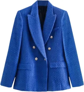 Women Tweed Blazers Vintage Double Breasted Fit Elegant Office Lady Jacket Outwears Tops