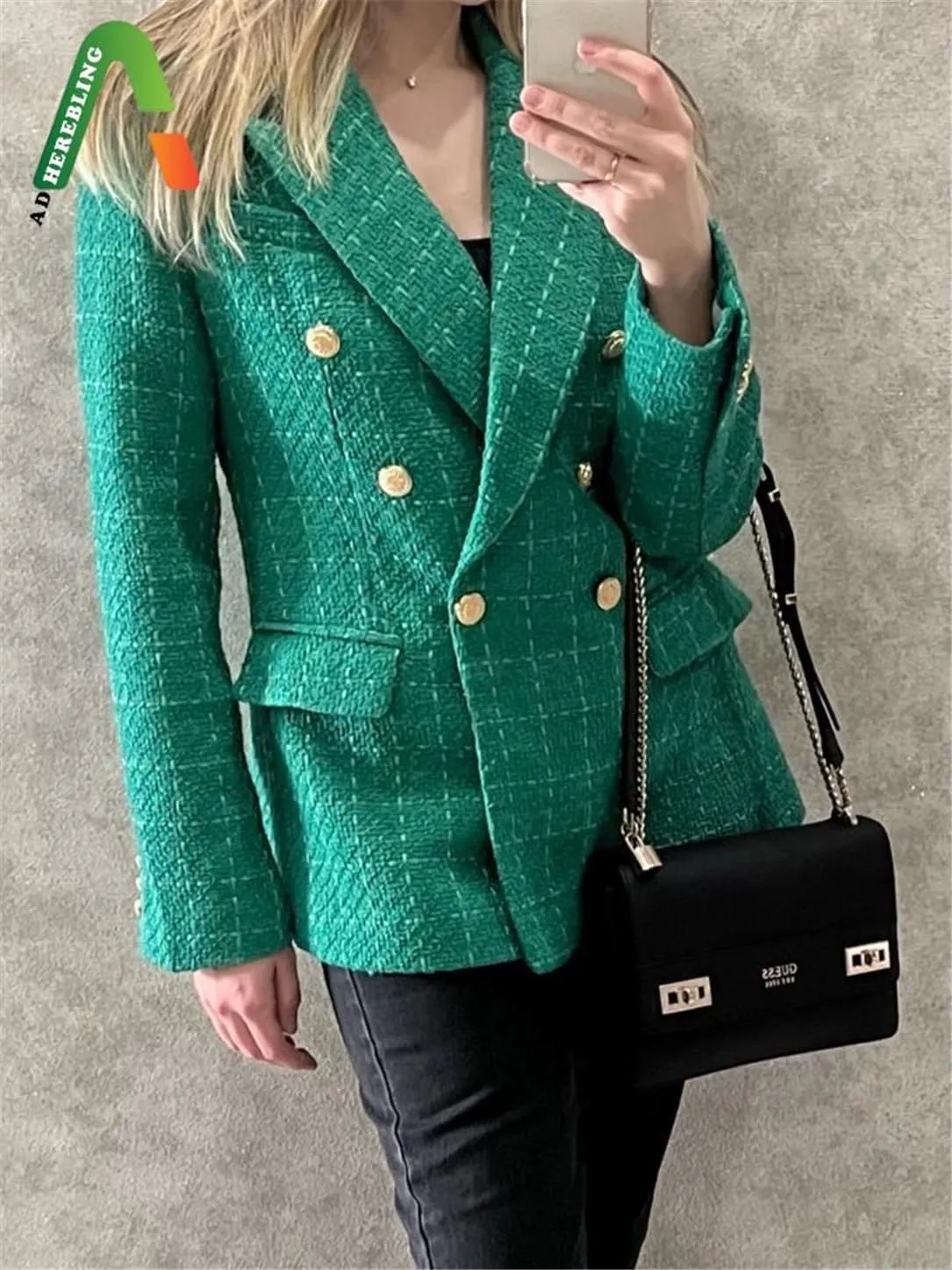 Women Tweed Blazers Vintage Double Breasted Fit Elegant Office Lady Jacket Outwears Tops