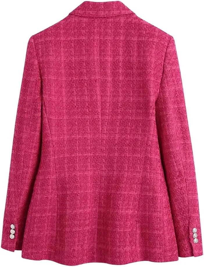 Women Tweed Blazers Vintage Double Breasted Fit Elegant Office Lady Jacket Outwears Tops