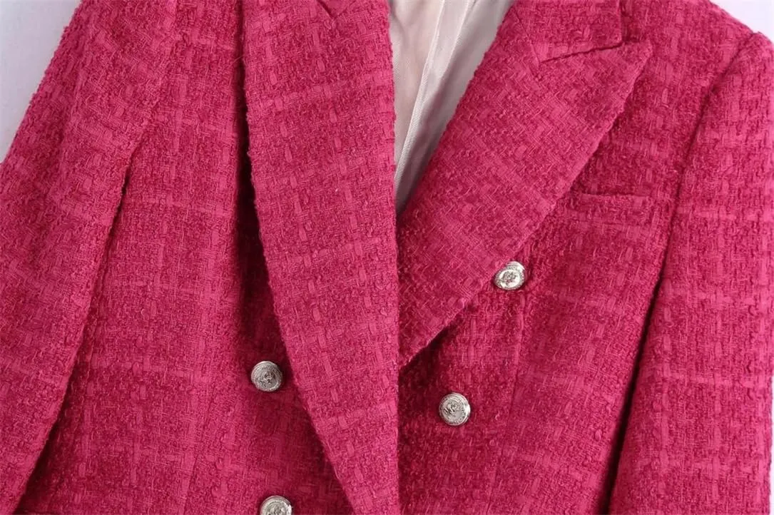 Women Tweed Blazers Vintage Double Breasted Fit Elegant Office Lady Jacket Outwears Tops