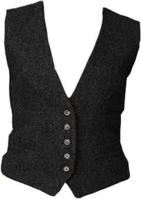 Women's Formal Herringbone Tweed Suits Vest V-Neck Casual Waistcoat