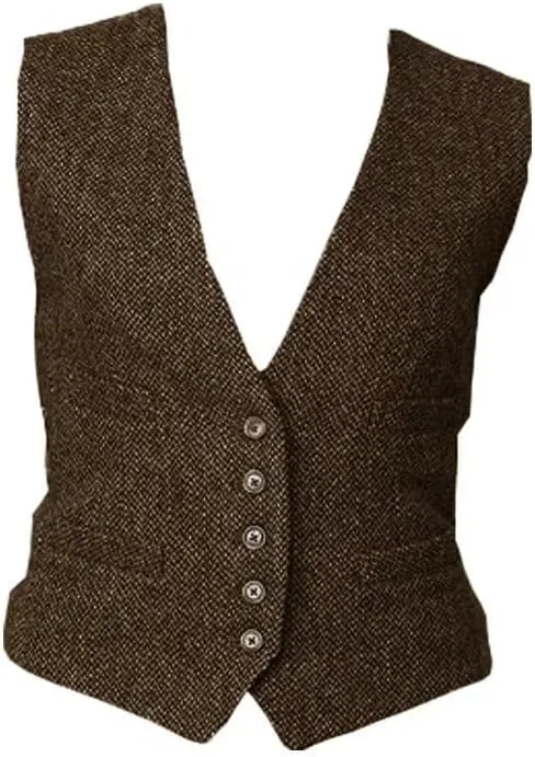 Women's Formal Herringbone Tweed Suits Vest V-Neck Casual Waistcoat