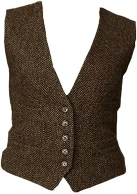 Women's Formal Herringbone Tweed Suits Vest V-Neck Casual Waistcoat