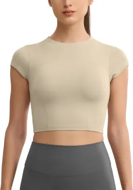 Workout Crop Tops for Women Yoga Short Sleeve Mild Support Slim Fit Cropped Athletic Shirts Gym Tee Built in Bra