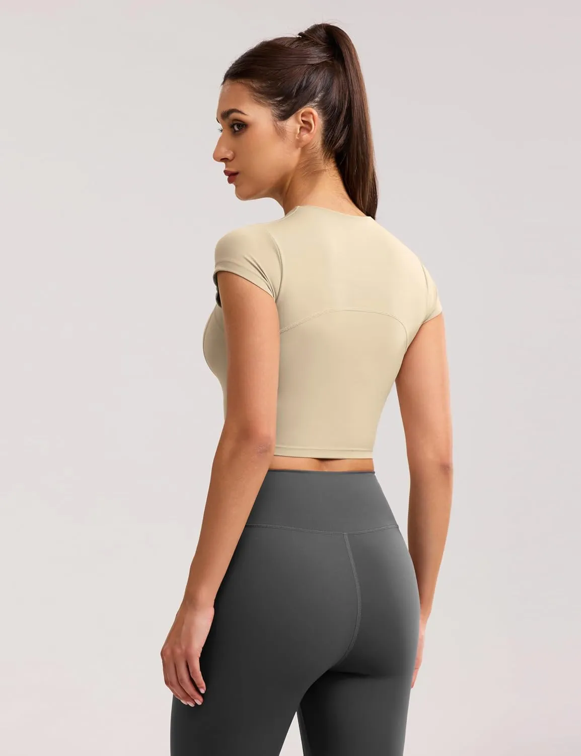 Workout Crop Tops for Women Yoga Short Sleeve Mild Support Slim Fit Cropped Athletic Shirts Gym Tee Built in Bra
