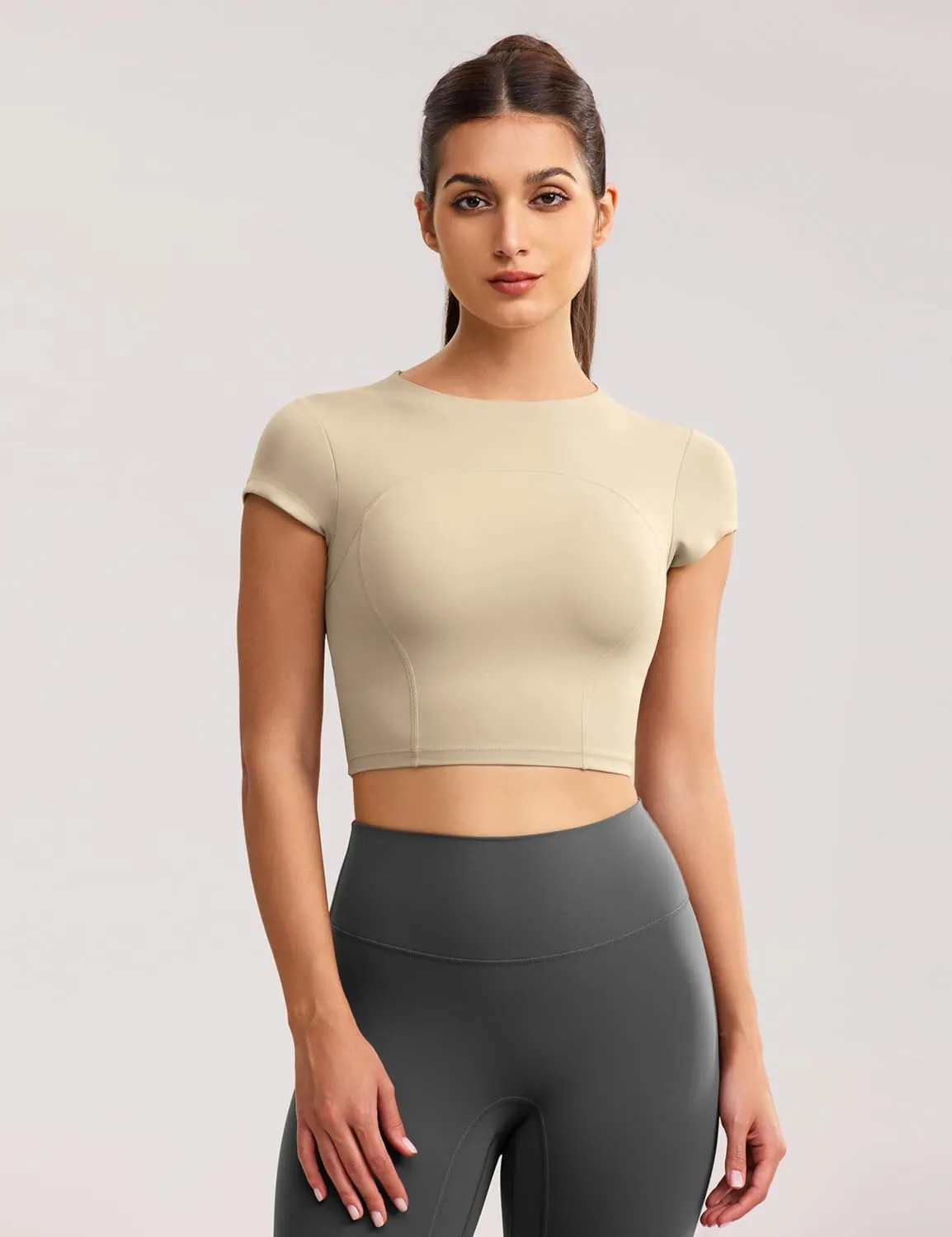 Workout Crop Tops for Women Yoga Short Sleeve Mild Support Slim Fit Cropped Athletic Shirts Gym Tee Built in Bra