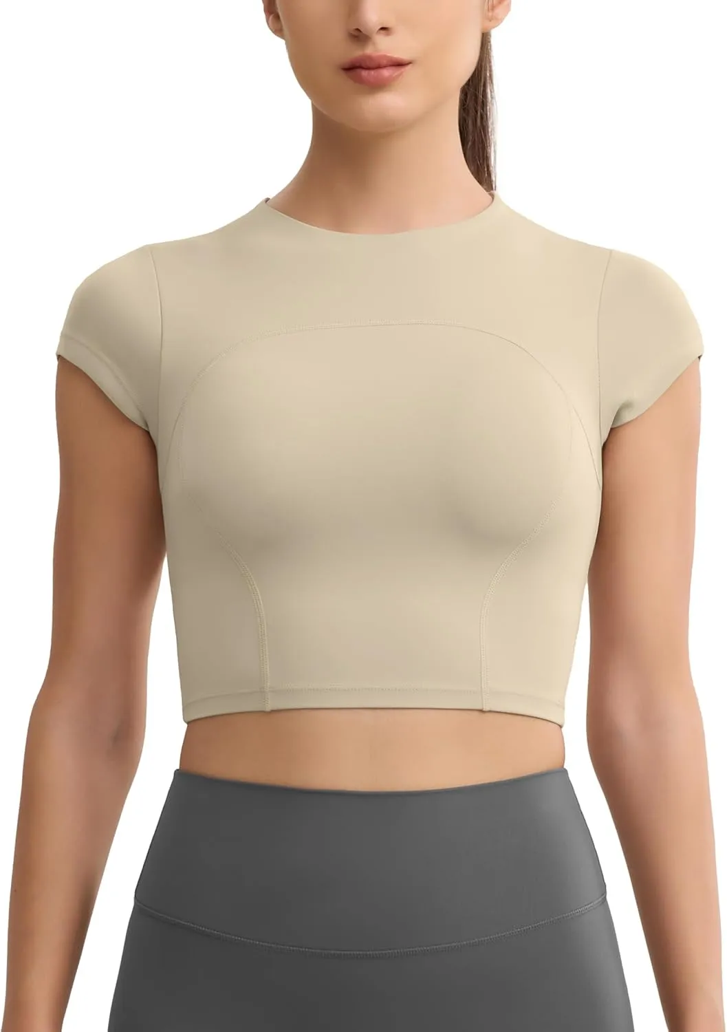 Workout Crop Tops for Women Yoga Short Sleeve Mild Support Slim Fit Cropped Athletic Shirts Gym Tee Built in Bra