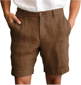 Xiaojmake Mens Linen Short Solid Summer Flat Front Casual Bermuda Shorts Button High Waisted Pleated Dress Short with Pockets